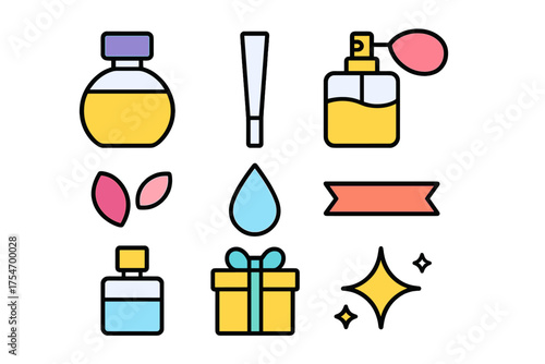 Colorful beauty and cosmetic product symbols including perfume, gift box, and sparkle elements