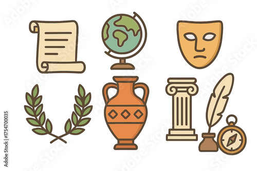 Ancient history and classical studies symbols: scroll, globe, tragic mask, column, and amphora