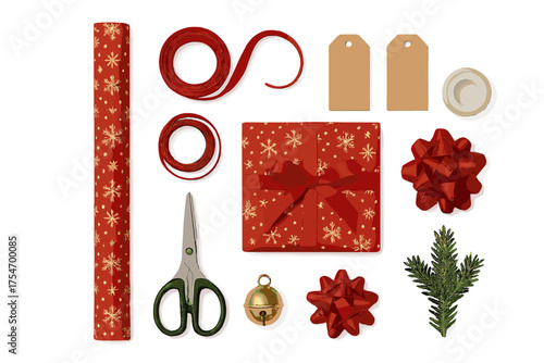Flat lay of Christmas gift wrapping supplies with red and gold paper, ribbon, bows, scissors, and tags