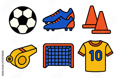 Colorful set of soccer and football equipment icons including ball cleats whistle goal net jersey and training cones