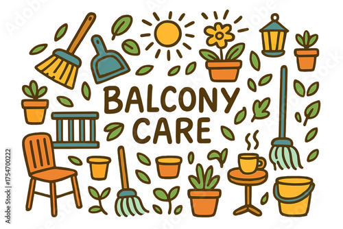 Balcony Care Essentials. Balcony Care. Hand-drawn doodle illustration of Balcony Care. broom, dustpan, mop,