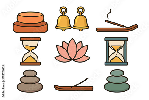 Set of wellness and relaxation symbols including meditation cushions, spa stones, lotus flower, bells, and incense