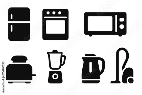 Set of essential kitchen and home appliances including refrigerator oven microwave toaster blender and vacuum cleaner