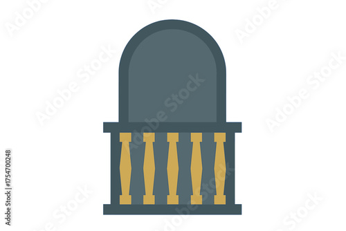 Stylized architectural detail of a balcony railing with golden balusters and dark arch