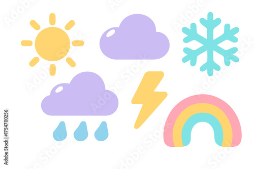 Cute pastel weather symbols set including sun cloud rain lightning snowflake and rainbow
