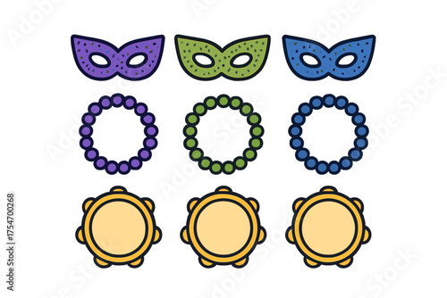 Traditional Mardi Gras celebration items including masquerade masks, beaded necklaces, and tambourines