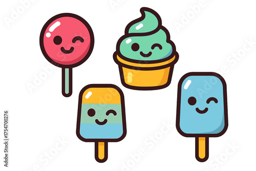 Adorable cartoon frozen treats set featuring ice cream, popsicles, and a lollipop with happy winking faces