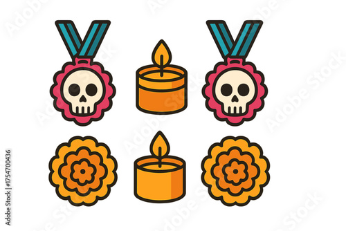 Traditional Day of the Dead symbols including sugar skull medals marigold flowers and candles