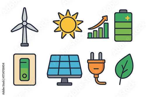 Ecological concepts: wind power, solar energy, battery storage, and electric power consumption