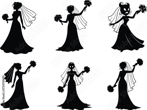 Bridal silhouettes collection, wedding gown illustration, elegant bride sketch, black and white fashion art, bouquet flowers, classic veil, romantic ceremony, timeless design