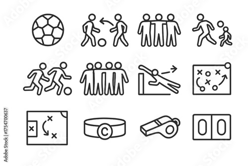 Soccer Teamwork Icons. Soccer teamwork. Line outline icon set of Soccer teamwork: soccer ball, give-and-go