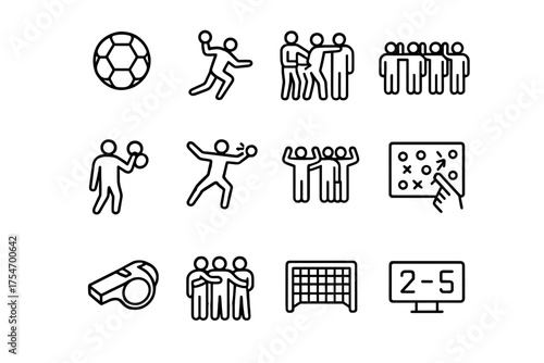 Handball Icon Set. Handball teamwork. Line outline icon set of Handball teamwork: handball, fast break,
