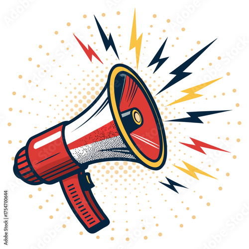 Stylized illustration of a red and white megaphone emitting lightning bolts.