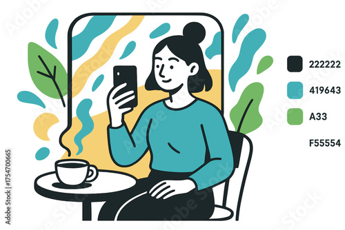 Morning Café Selfie. Morning Look. A blogger takes a mirror selfie in a cozy café, steam rising from a cup