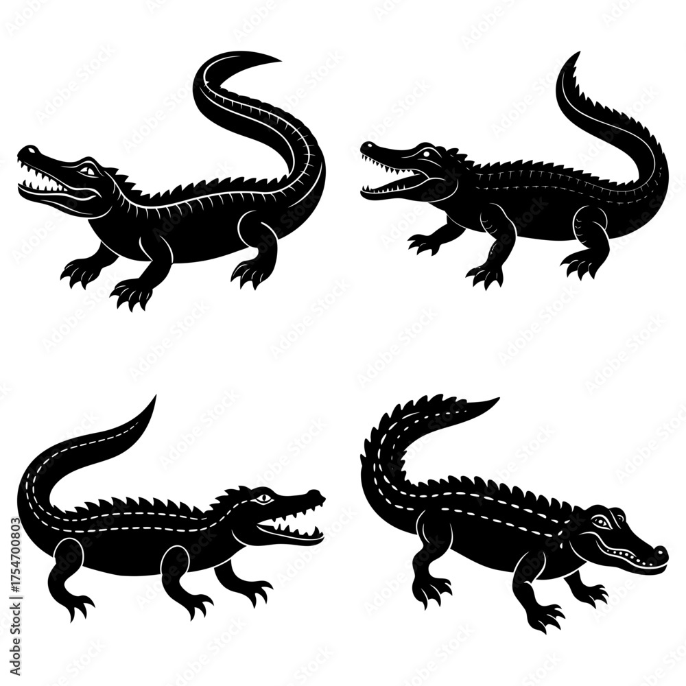 Fototapeta premium Four black alligator silhouettes in various poses with open mouths and tails curved upwards design