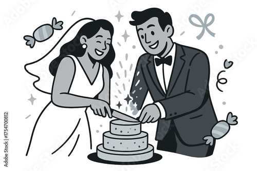 Dynamic Cake Cutting. Cutting the cake. Bride and groom holding knife together with a glowing cake in front,