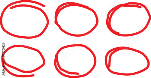 Hand drawn red crayon ovals and circles set. Ellipses in red pencil doodle style. Round freehand shapes, emphasis highlights. Red round rough thin frames. Best Design
