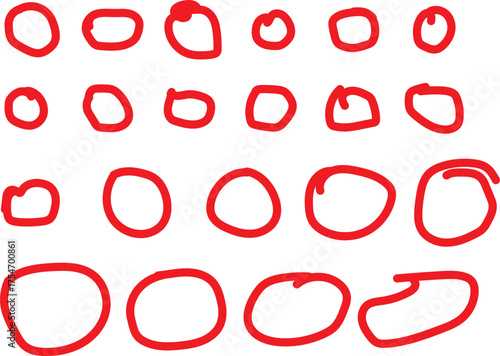 Hand drawn red crayon ovals and circles set. Ellipses in red pencil doodle style. Round freehand shapes, emphasis highlights. Red round rough thin frames. Best Design
