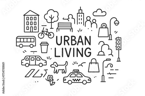 Urban Living Sketch. Urban Living. Hand-drawn doodle illustration of Urban Living. apartment block, bicycle,
