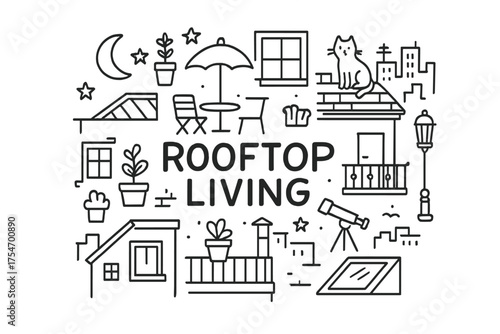 Rooftop Living Sketch. Rooftop Living. Hand-drawn doodle illustration of Rooftop Living. rooftop terrace,