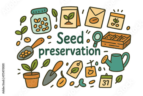 Seed Preservation Doodles. Seed preservation. Hand-drawn doodle illustration of Seed preservation. Glass jar,