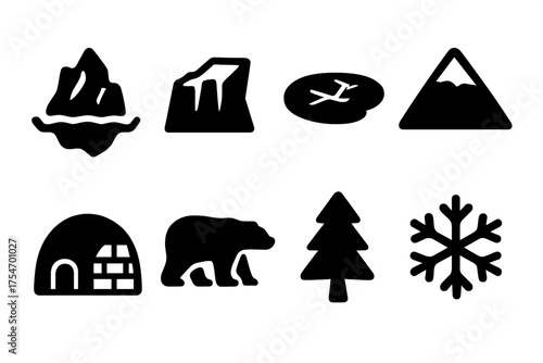 Frozen Landscape Icons. Frozen landscapes. Filled icon set of Frozen landscapes: iceberg, glacier, frozen lake