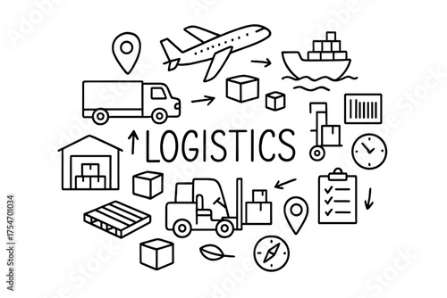 Logistics Doodle Illustration. Logistics. Hand-drawn doodle illustration of Logistics. delivery truck, cargo