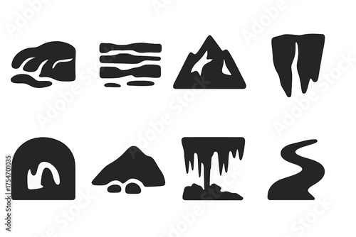 Glacial Icon Set. Glacial landscapes. Filled icon set of Glacial landscapes: glacier, ice field, mountain,
