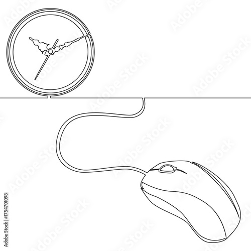 Continuous one single line drawing Clock connected to computer mouse symbolizing time management and technology icon vector illustration concept