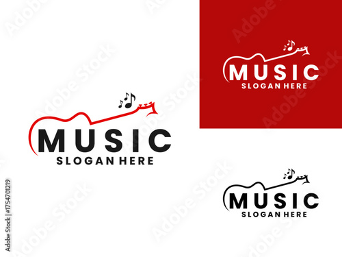 guitar line and simple music notes logo design vector template