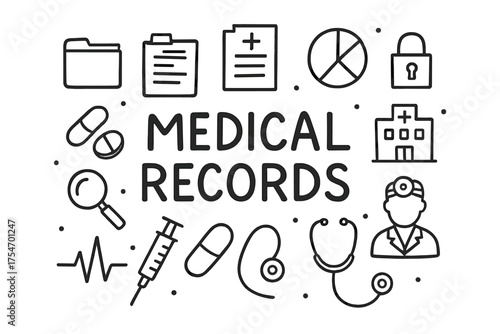 Medical Records Doodle Icons. Medical Records. Hand-drawn doodle illustration of Medical Records. folder,