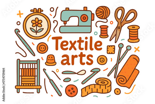 Colorful Textile Doodle. Textile arts. Hand-drawn doodle illustration of Textile arts. Embroidery hoop, sewing