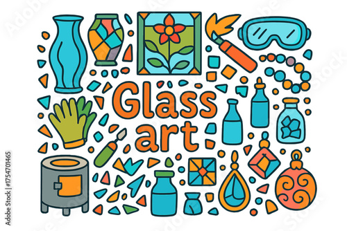 Colorful Glass Art. Glass art. Hand-drawn doodle illustration of Glass art. Glass vase, stained glass window,