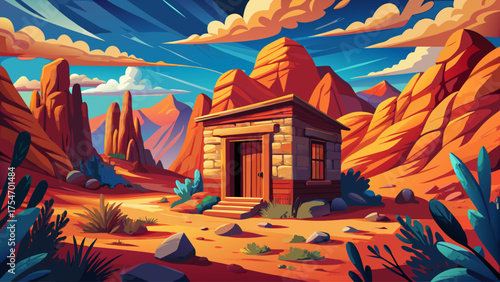 Stone cabin in desert canyon with tall red rocks, dry bushes, warm sand, and deep blue sky creating contrast, silence of wilderness and adventure