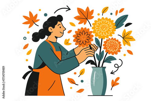 Autumn Floral Arrangement. Seasonal bouquet. A florist arranging glowing chrysanthemums, dahlias, and maple