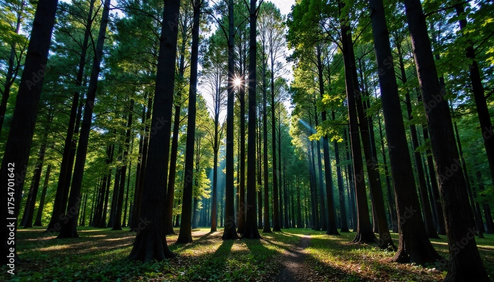 Fototapeta premium Golden Hour Sunbeams Through Forest Canopy A dense forest with tall trees. Golden hour sunlight streams through the thick green canopy, creating dramatic dappled light and shadows on the mossy forest