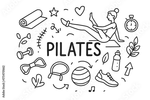 Pilates Doodle Art. Pilates. Hand-drawn doodle illustration of Pilates. yoga mat, stretching figure, dumbbell,