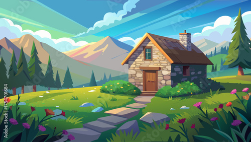 Stone cabin on a green hillside covered with wildflowers, sunlight filtering through clouds, distant mountains and blue sky, peaceful countryside feeling with soft natural shadows