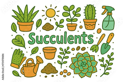 Succulent Garden Doodle. Succulents. Hand-drawn doodle illustration of Succulents. Aloe, cactus, jade plant,