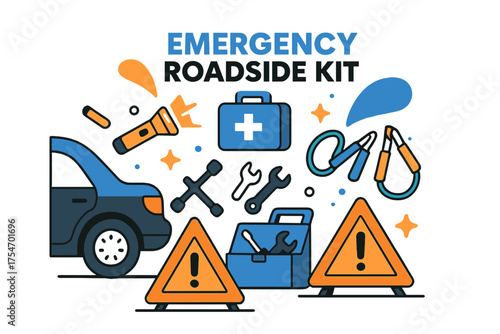 Roadside Safety Essentials. Emergency Roadside Kit. A car is parked with hazard triangles and tools neatly
