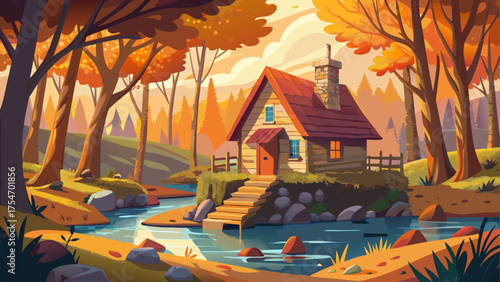 Cozy stone cabin near a river bend in autumn forest, orange leaves floating on water, warm sunlight through trees, wooden bridge in background, calm atmosphere