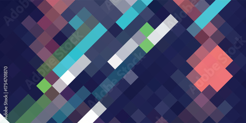 Intriguing pixelated mosaic background with a dark blue base and colorful accents of teal, green, and coral. Abstract geometric art ideal for digital themes.