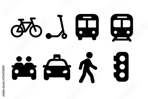 Urban Mobility Icons. Urban mobility. Filled icon set of Urban mobility: bicycle, scooter, bus, subway,
