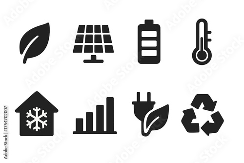 Energy Efficiency Icons. Energy efficiency. Filled icon set of Energy efficiency: leaf, solar panel, battery,