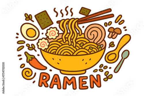 Colorful Ramen Doodle. Ramen. Hand-drawn doodle illustration of Ramen. Bowl of noodles, chopsticks, boiled egg