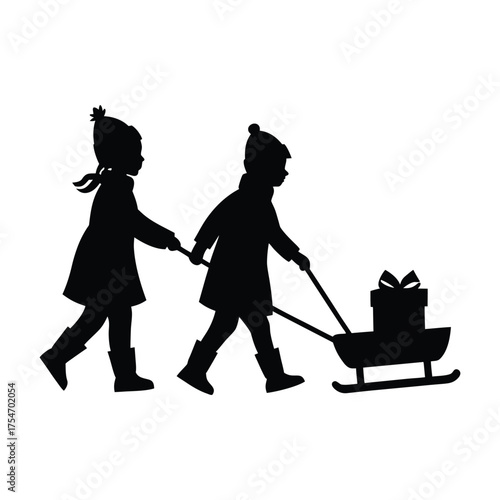 Kids pulling sled with gifts vector silhouette illustration