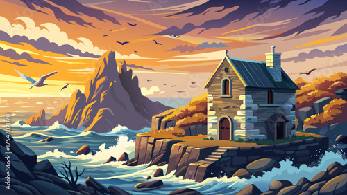 Old stone cabin on a rocky coastal cliff, waves crashing below, seagulls flying over the ocean, golden sunset light reflecting on wet stones and sea foam