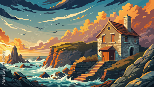 Old stone cabin on a rocky coastal cliff, waves crashing below, seagulls flying over the ocean, golden sunset light reflecting on wet stones and sea foam
