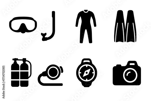 Scuba Diving Icons. Scuba diving gear. Filled icon set of Scuba diving gear: mask, snorkel, wetsuit, fins,