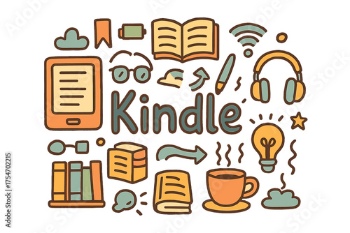 Kindle Doodle Vibe. Kindle. Hand-drawn doodle illustration of Kindle. E-reader device, bookmark, battery icon,